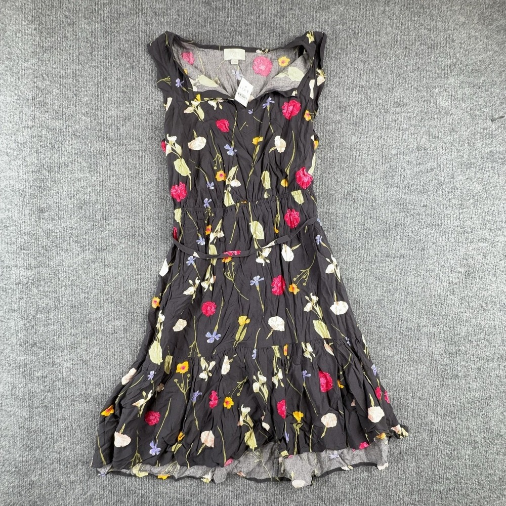 LOFT Dress Womens Large Multicolor Floral Belted Cap Sleeve Ruffle Sundress